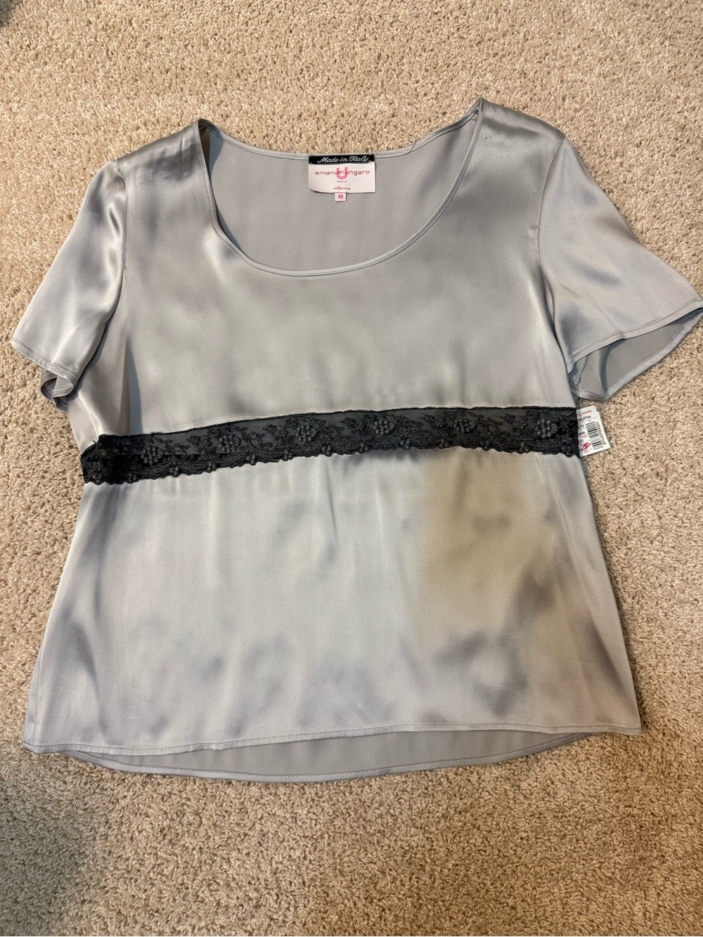 Emanuel Ungaro Silky Scoop Neck Top with Black Lace Trim